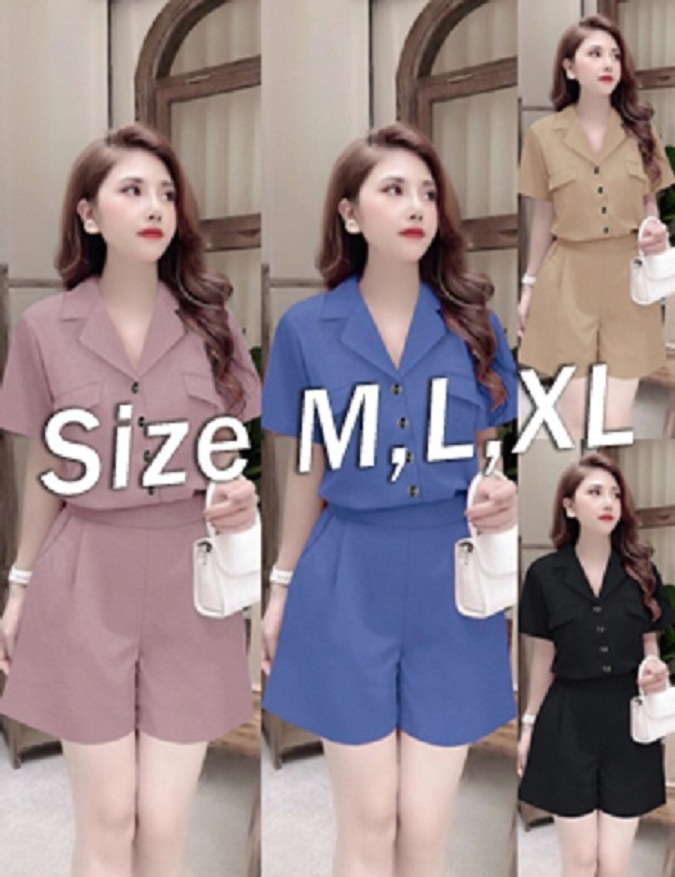 AV6516 - Bộ áo tay ngắn cổ bẻ hai túi và quần short xinh xắn