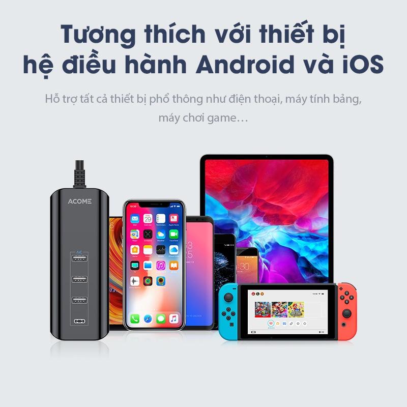 Ổ Cắm Cổng Sạc Nhanh 4 Cổng Sạc Nhỏ Gọn ACOME 3 Ouput USB-A Và 1 OutPut Type C - Hàng Chính Hãng