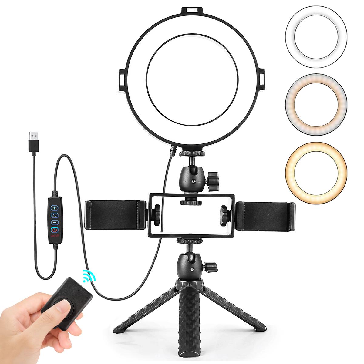 Bộ đèn LED vòng 6 inch / 16cm Andoer 3 chế độ chiếu sáng 3000K-6500K USB có thể điều chỉnh với chân máy tính để bàn mini