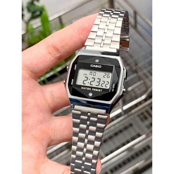 Đồng Hồ Unisex Dây Thép Casio A159WAD-1DF Kim Cương Tự Nhiên | Made in Japan | Pin 7 Năm