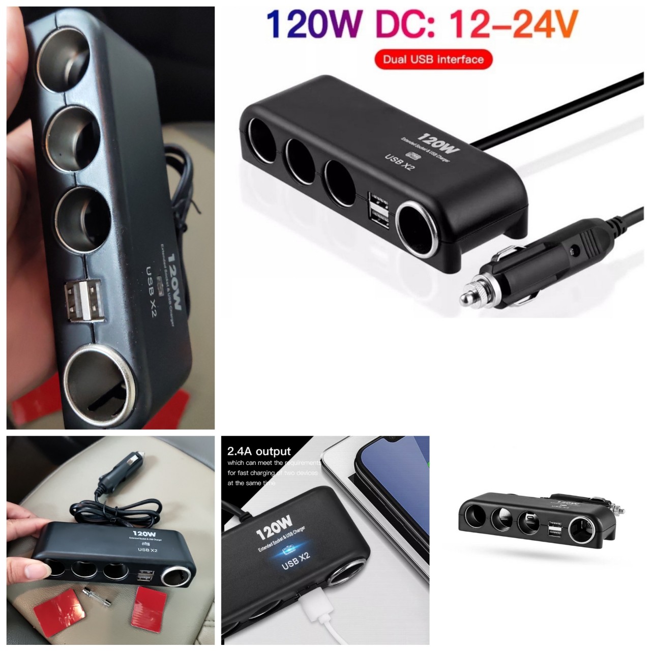 Bộ chia cốc tẩu sạc ô tô xe hơi 12v-24v 4 cổng USB kép 120w mẫu mới loại tốt kèm 2 cầu chì dây chống cháy