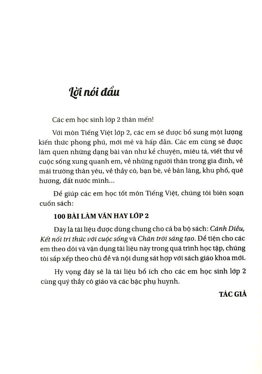 100 Bài Làm Văn Hay Lớp 2 (Dùng Chung Cho Ba Bộ Sách Cánh Diều, Kết Nối Tri Thức Với Cuộc Sống, Chân Trời Sáng Tạo) - ND