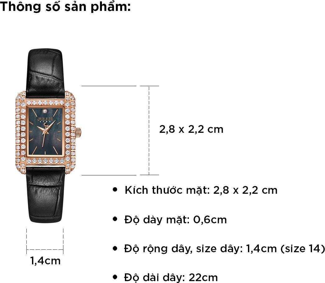 Đồng hồ nữ Julius Star Hàn Quốc JS-046B mặt chữ nhật viền đính đá