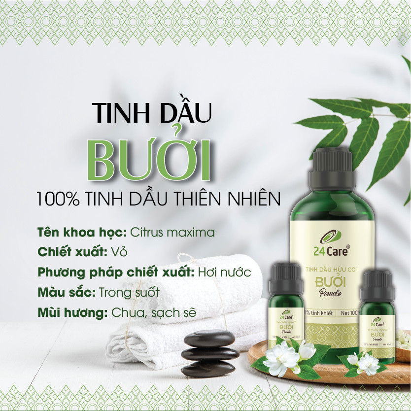 Tinh dầu Bưởi Việt Nam 24Care 100ML - Chiết xuất thiên nhiên, xông phòng, thanh lọc không khí, giảm căng thẳng, giảm đau đầu.