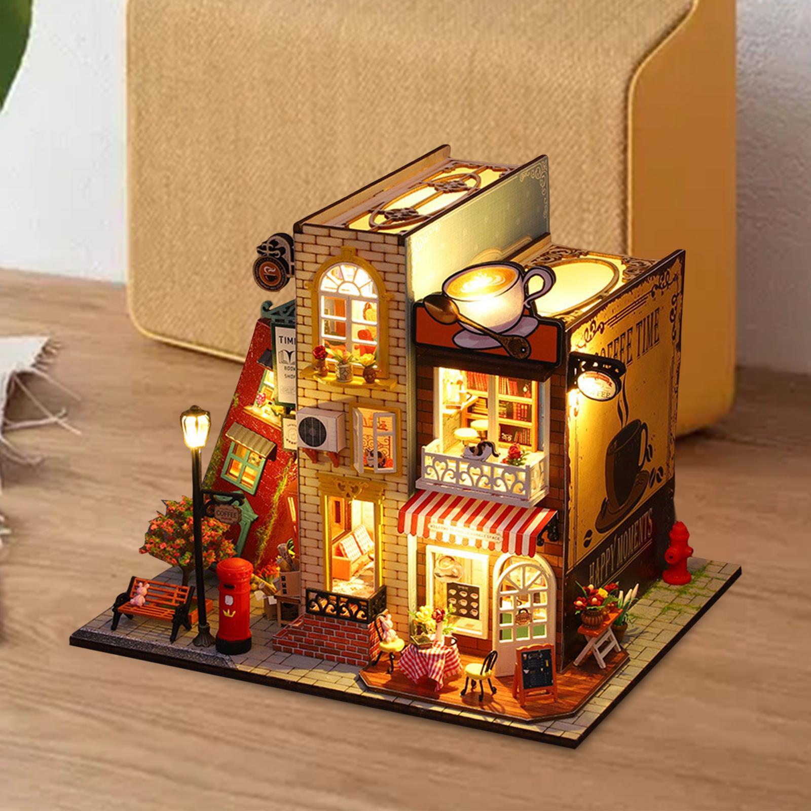 Unfinished Dollhouse DIY Kit with Dustproof Cover Wooden Dollhouse Miniature Kit Creative Room for Shelf Home Living Room Cabinet Decoration