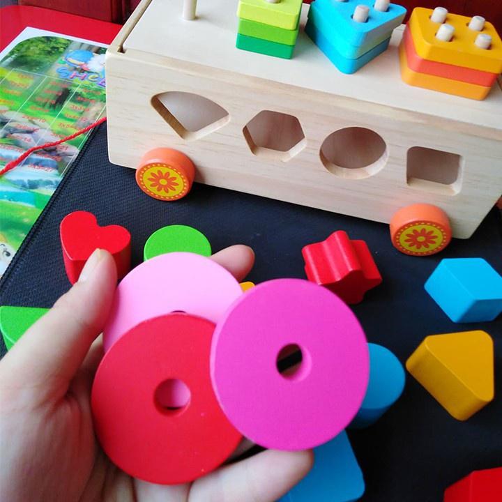 Đồ chơi thông minh xe kéo thả hình khối kèm bảng phân loại bằng gỗ mịn an toàn cho bé giúp phát triển tư duy trí tuệ