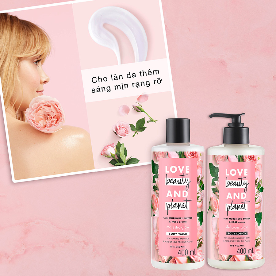 Combo sữa tắm và sữa dưỡng thể Love Beauty And Planet Làm Sáng Da Majestic Glow với 100% tinh dầu hoa hồng Bulgaria 400ml