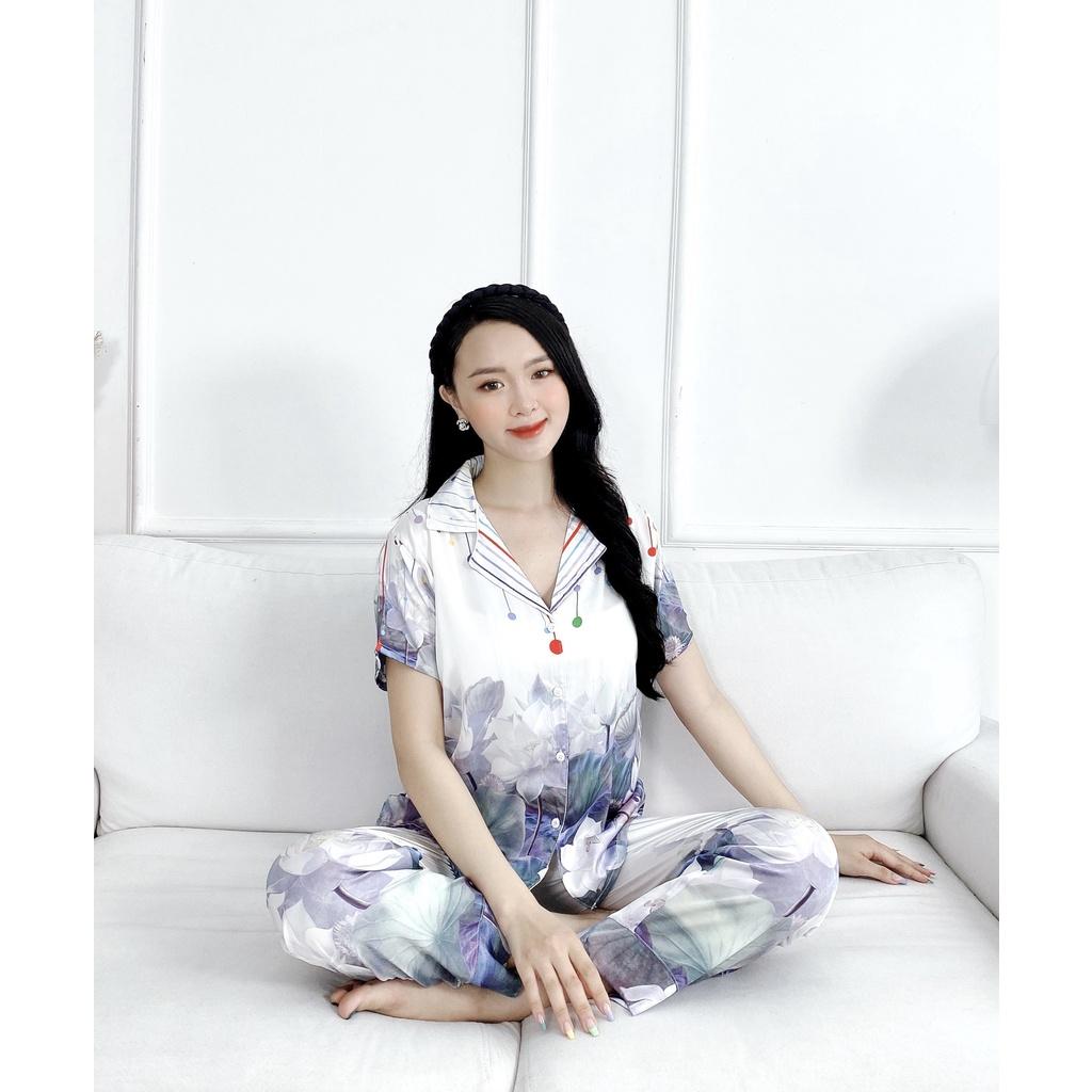 Set bộ Pijama nữ quần dài ống suông rộng và áo tay ngắn in họa tiết vải lụa latin cao cấp - HMN Fashion