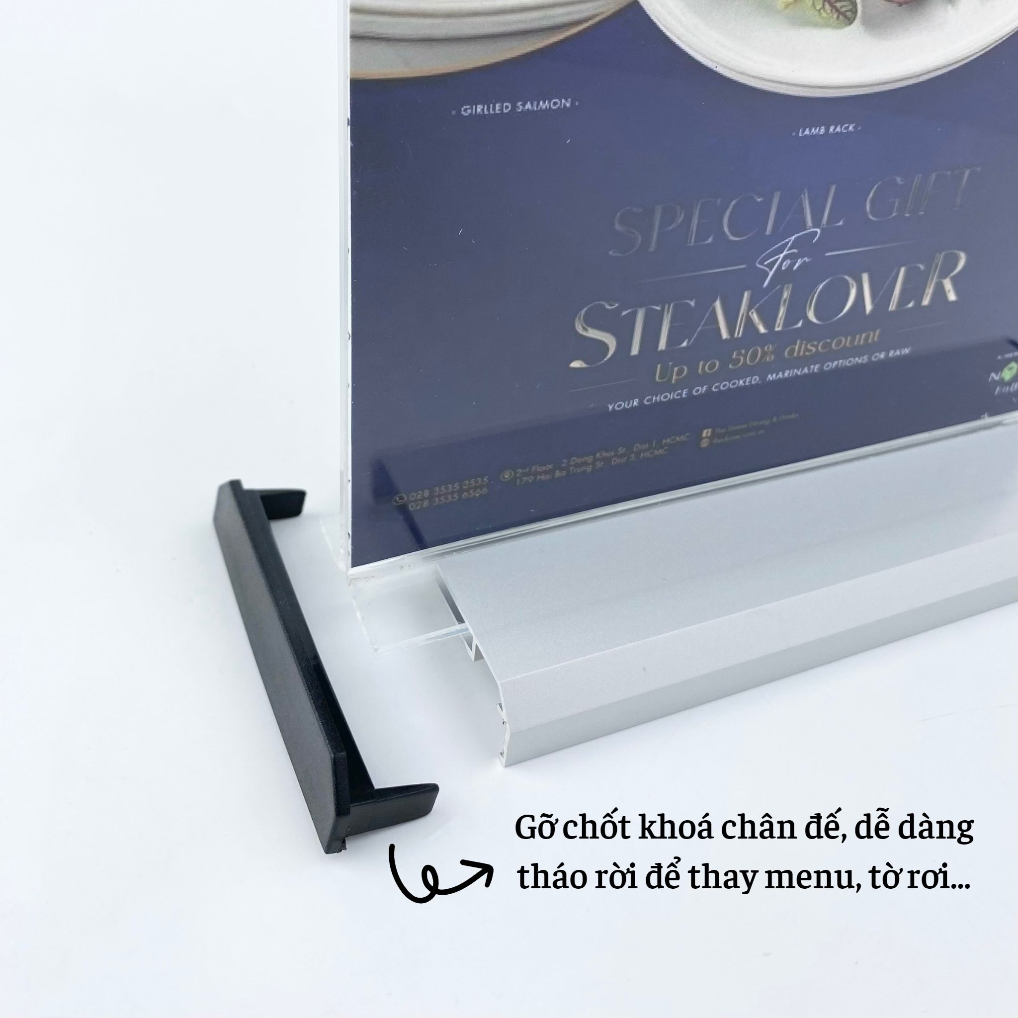 Kệ menu nhà hàng, Standee mica để bàn, Bảng quét mã QR Code, Kệ mica 2 mặt Enter E30 150x210mm đế nhôm A5 đứng