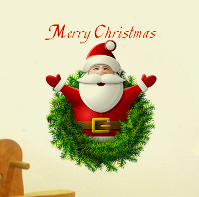 Decal dán tường - Ông già Noel vui vẻ và vòng hoa