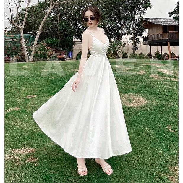 Đầm maxi đi biển dã ngoại,đầm maxi NoBrand dáng xòe thiết kế 2 dây hở lưng sang chảnh Thời Trang