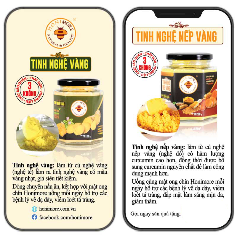 Combo Tinh nghệ nếp vàng Honimore 200g + Mật ong rừng Hoa Cao Nguyên 360g - Giúp hỗ trợ cải thiện đau dạ dày, chăm sóc da, tăng cường sức khỏe