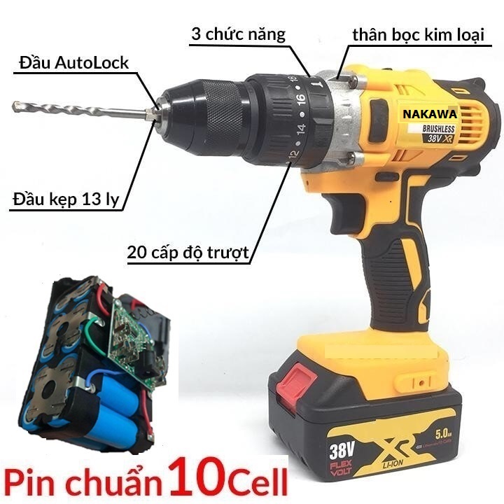 Bộ máy khoan pin 38V khoan tường, khoan sắt, khoan bê tông máy 2 pin, đảo chiều và mũi khoan