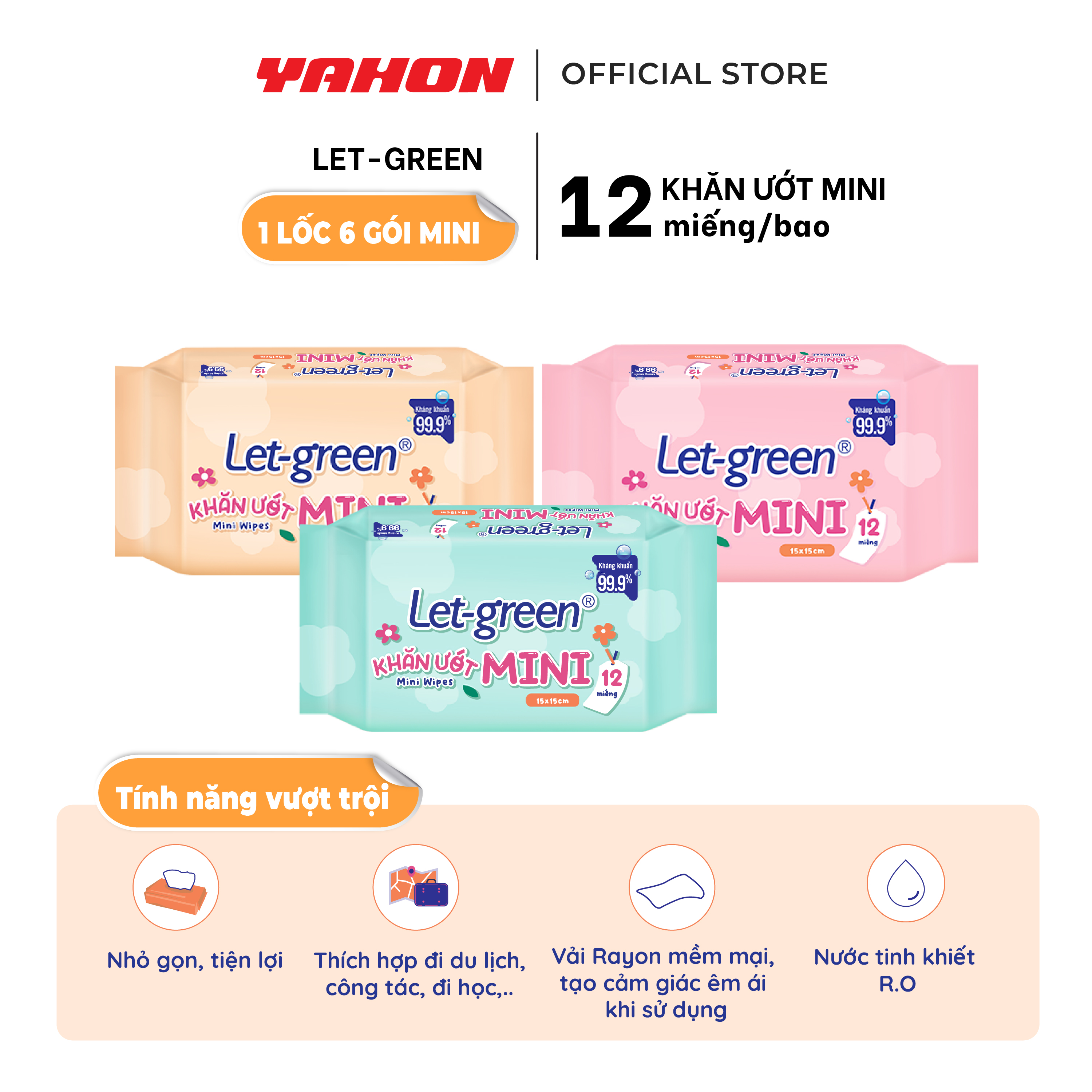 Combo Lốc Khăn Ướt Mini LET-GREEN 12 Miếng/Gói, 6 Gói/Lốc