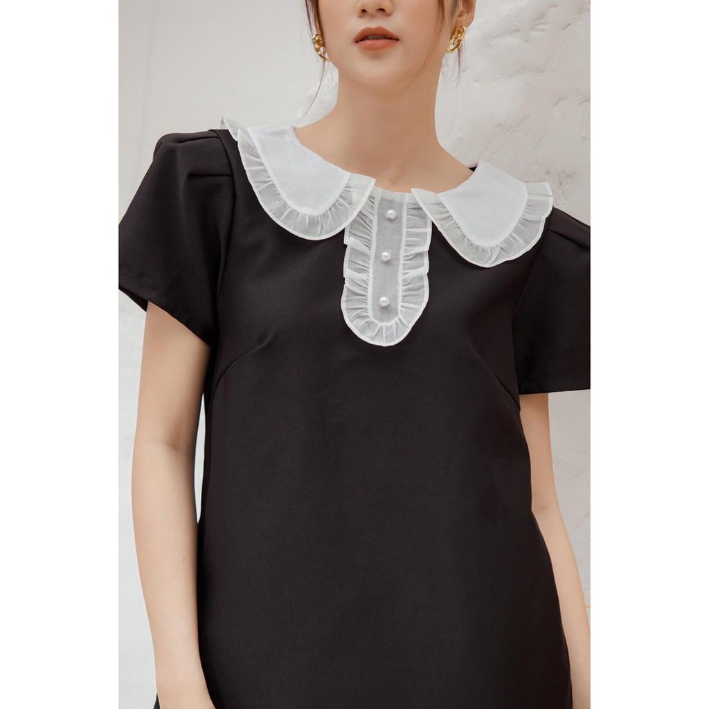 ĐẦM ĐEN ĐỎ PHỐI CỔ BÈO TRẮNG TAY NGẮN DÁNG BABYDOLL-hình thật shop chụp