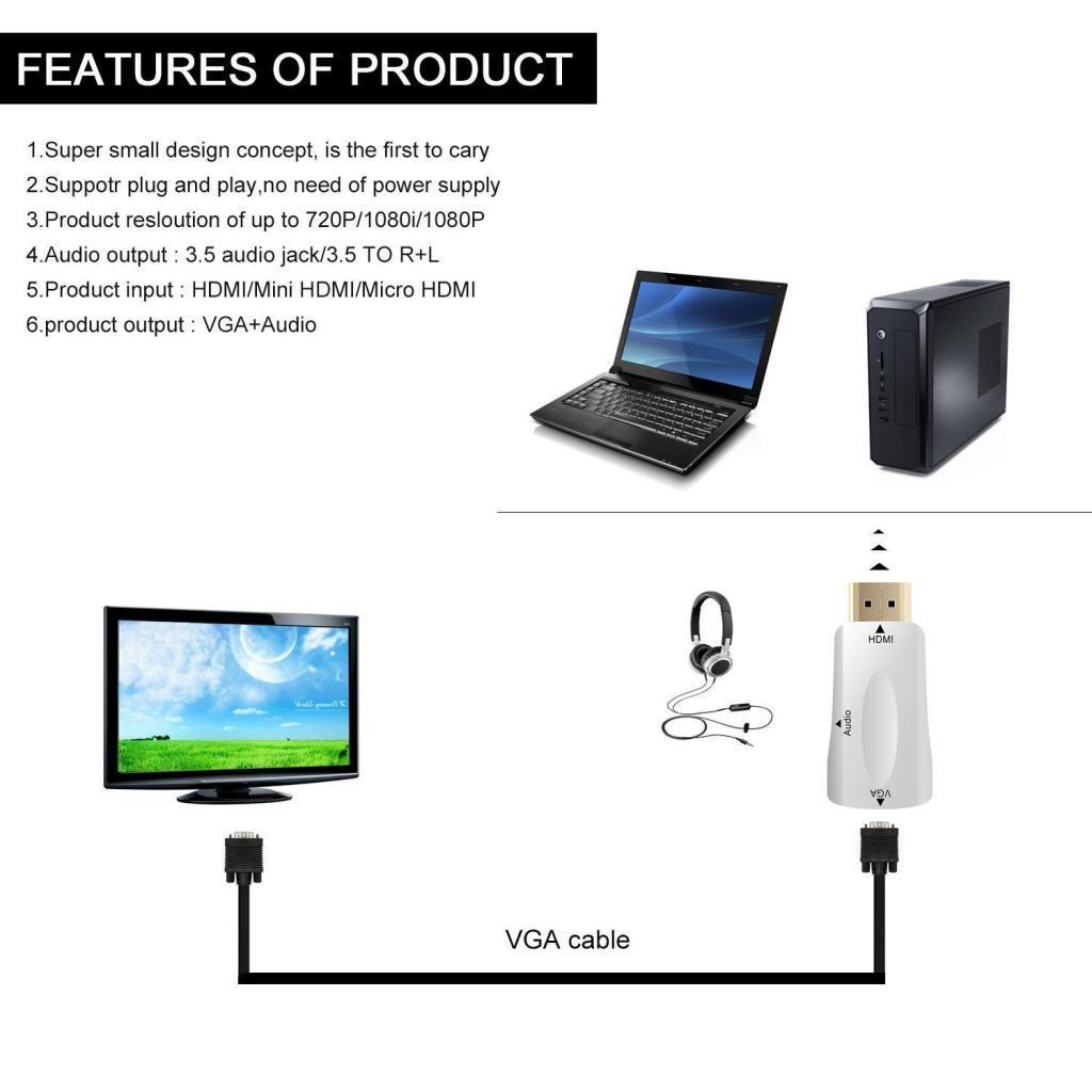 Mini 1080P HDMI to VGA Female Video Converter Adapter+USB Power Audio Cable