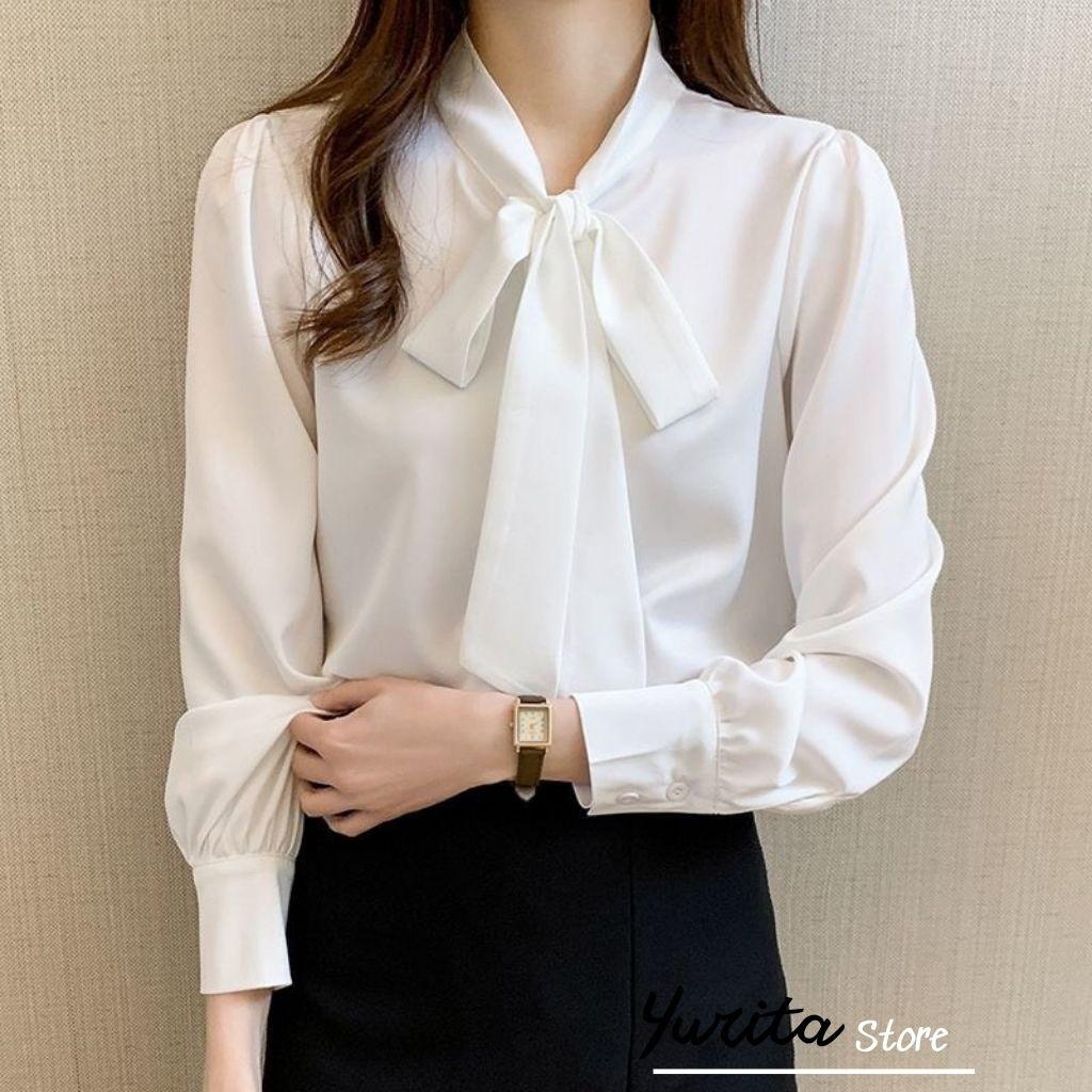 Áo Sơ Mi Nữ Kiểu Công Sở Đẹp YURITA Tay Dài Cổ Thắt Nơ Tay Chất Lụa Cao Cấp From Rộng Kiểu Dáng Hàn Quốc Ulzzang Vintage