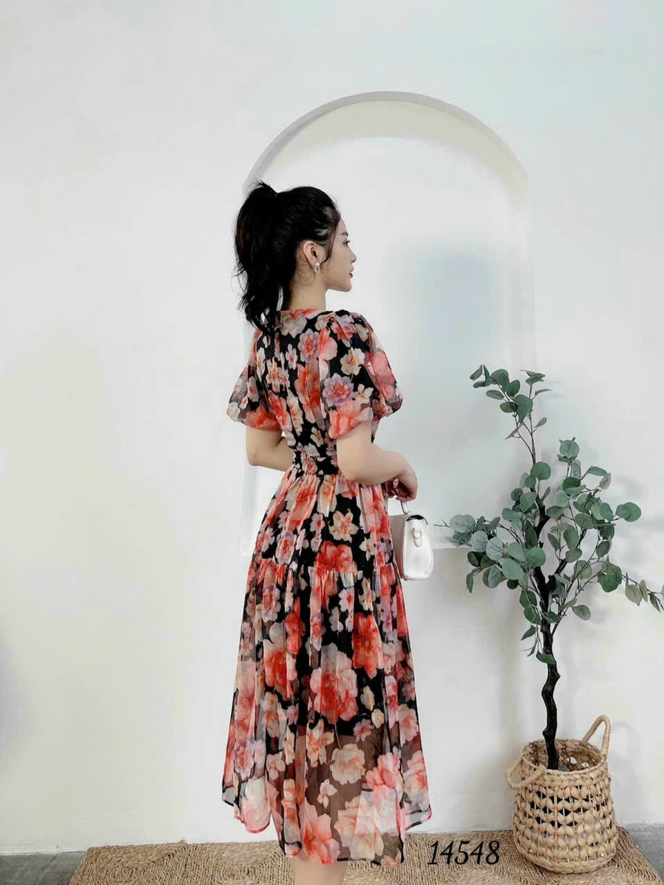 Đầm váy nữ hoa voan 2 lớp cổ vuông dự tiệc đám cưới công việc hồng vàng đỏ sang trọng
