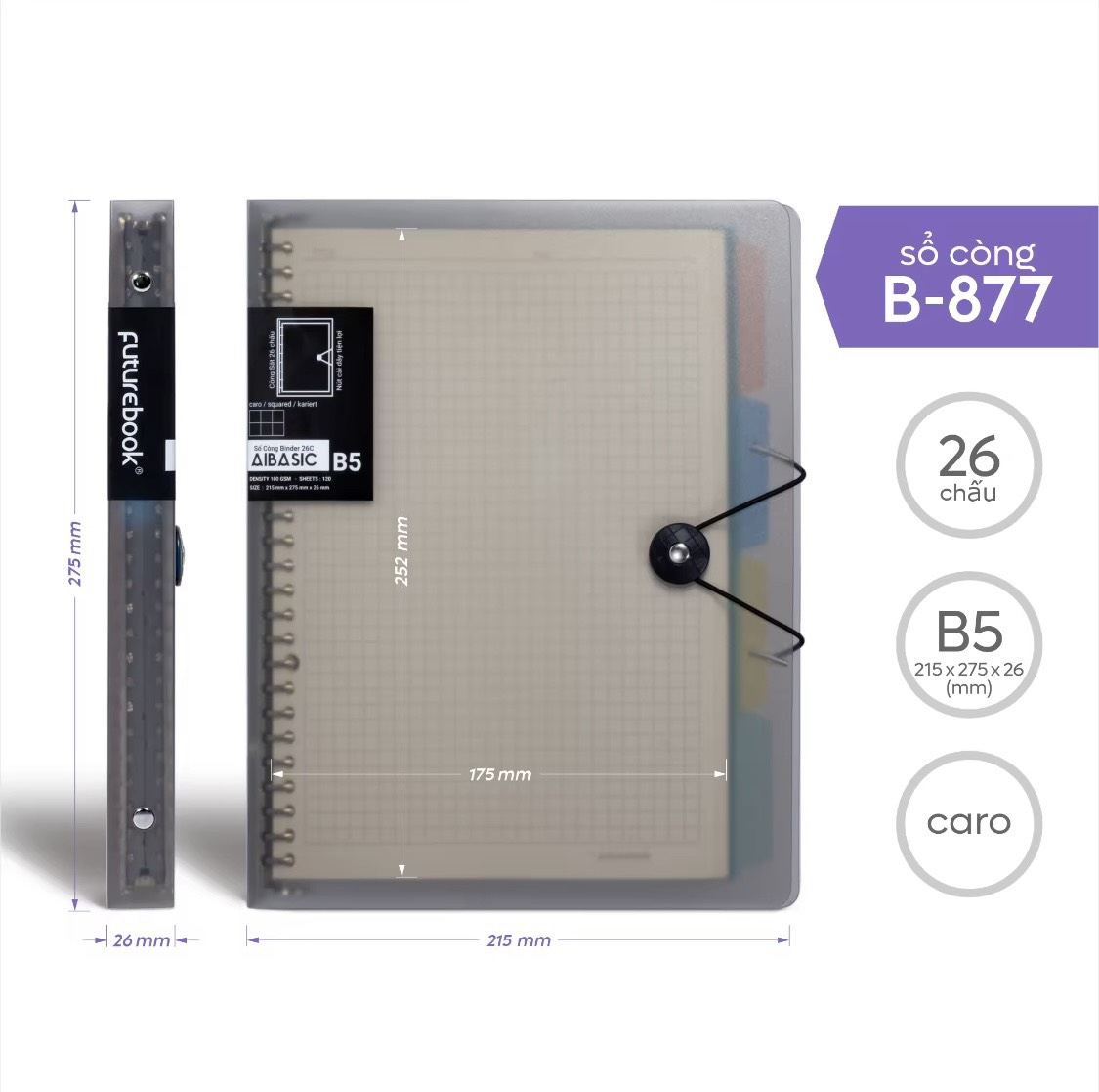 FUTUREBOOK-Sổ Còng Binder Aibasic B5 26 chấu, Kèm Ruột Giấy Refill-120 Trang - Định Lượng 100Gsm-Dòng kẻ Caro_Kẻ Ngang