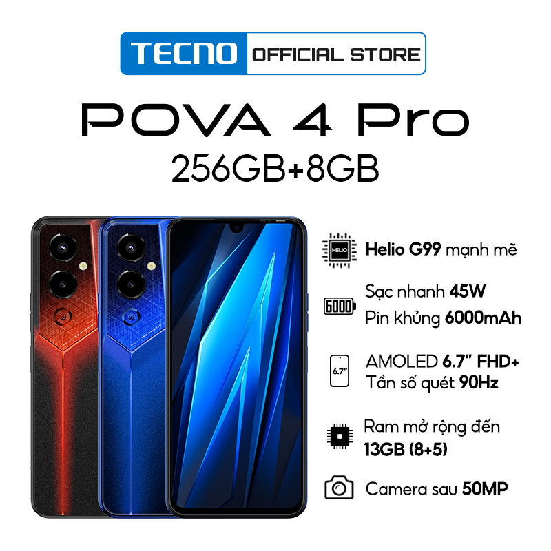 Điện thoại Gaming Tecno POVA 4 PRO 8GB/256GB - MTK G99| 6000 mAh | Sạc nhanh 45W - Hàng Chính Hãng