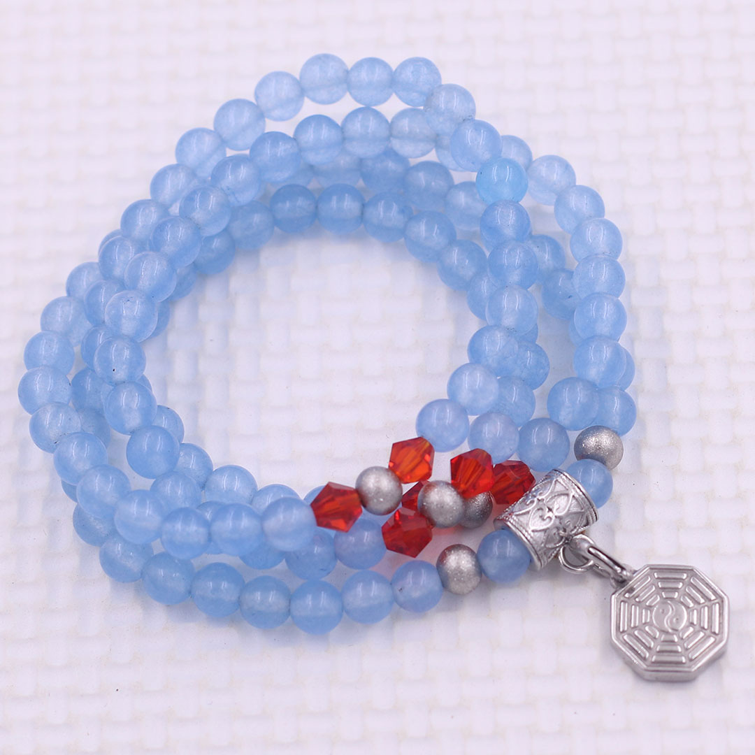Vòng chuỗi 108 hạt đá thạch anh xanh biển 6 ly charm bát quái inox - vòng chuỗi niệm Phật, vòng tay chuỗi hạt