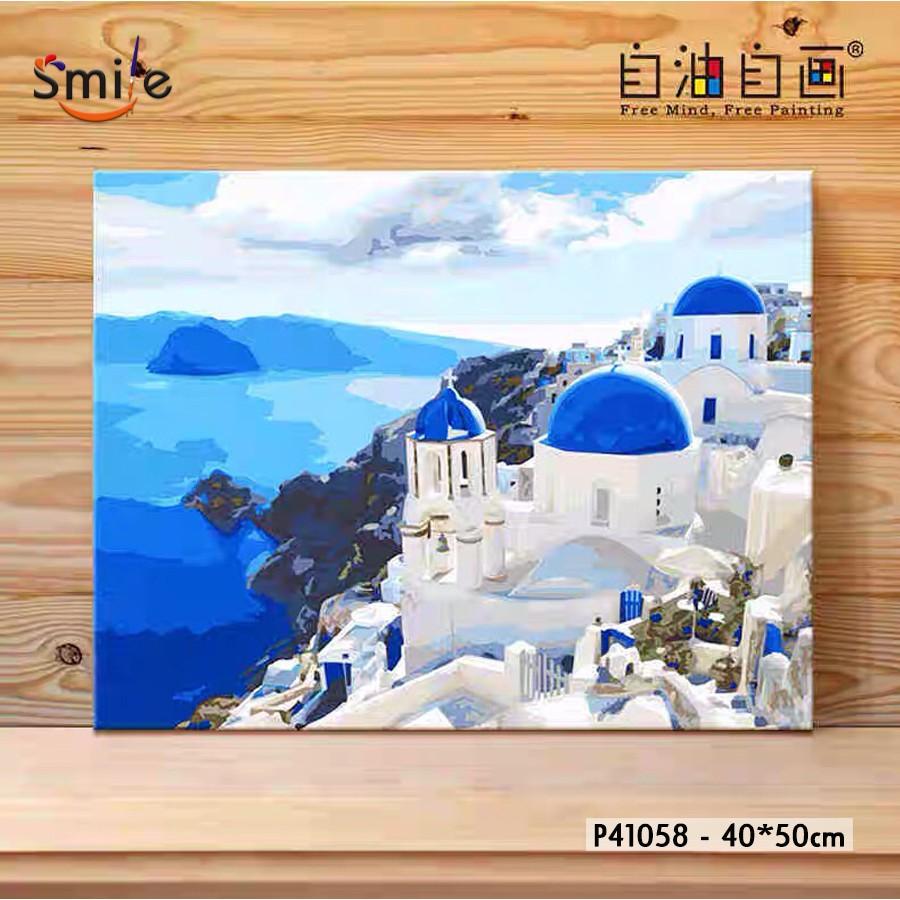 Tranh sơn dầu số hóa tự tô màu cao cấp Smile FMFP Santorini Phong cảnh Địa Trung Hải P41058