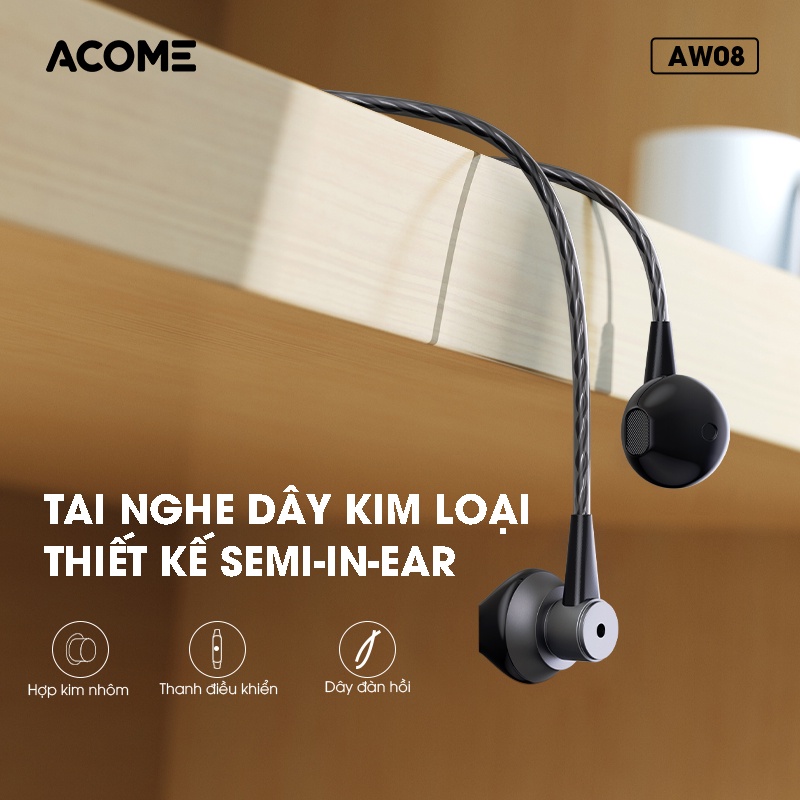 Tai Nghe Nhét Tai ACOME AW08 Tai Nghe Dây Kim Loại Thiết Kế In Ear Âm Thanh Sắc Nét - Hàng Chính Hãng