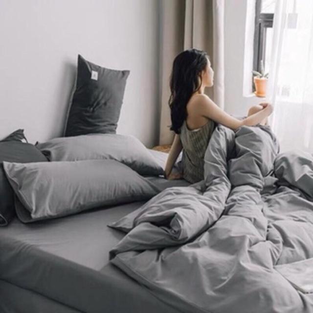 Bộ Chăn Ga Gối 4 Món Cotton Tici Hàng Nhập Màu Xám