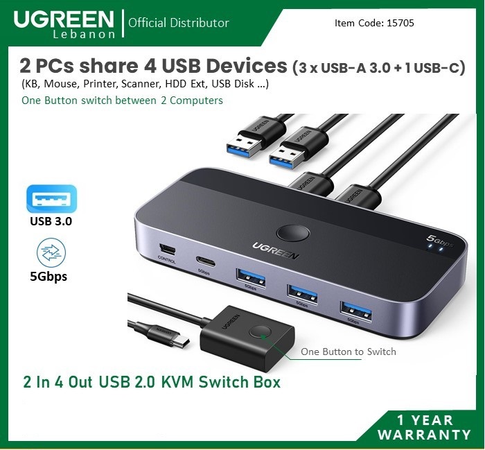 Thiết Bị Chia Sẻ 3 Cổng USB 3.0, 1 Cổng USB-C, Cho 2 Máy Tính Ugreen 15705 hàng chính hãng