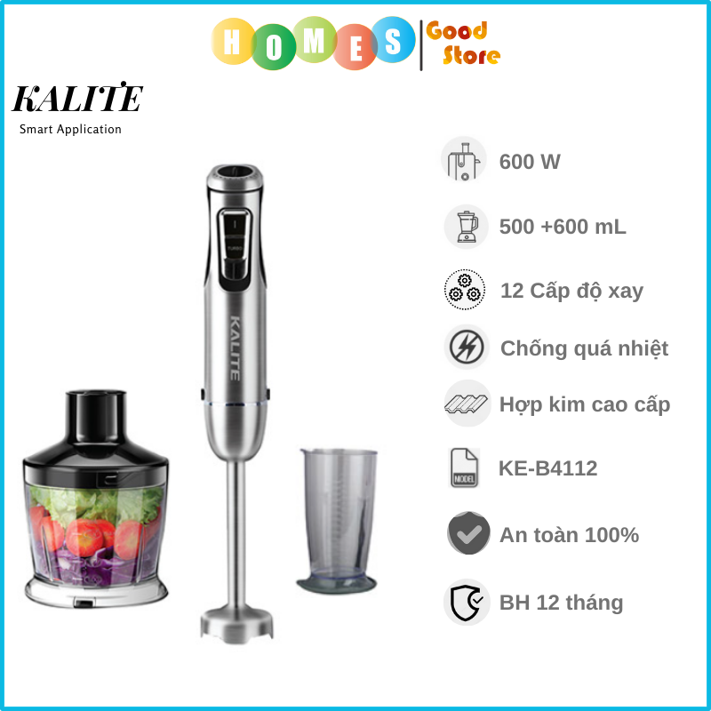 Máy Sinh Tố Cầm Tay KALITE KEB4112 Châu Âu Vỏ Hợp Kim Dung Tích 1100 ML Công Suất 600 W - Hàng Chính Hãng