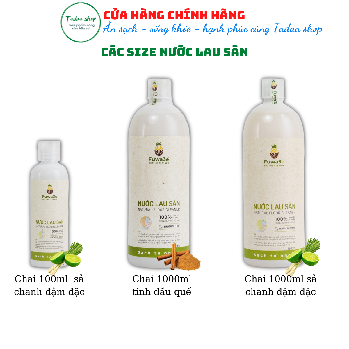 Nước lau sàn hữu cơ Fuwa3e hương sả chanh, sạch bóng thơm mát nhà cửa chai 1 Lit