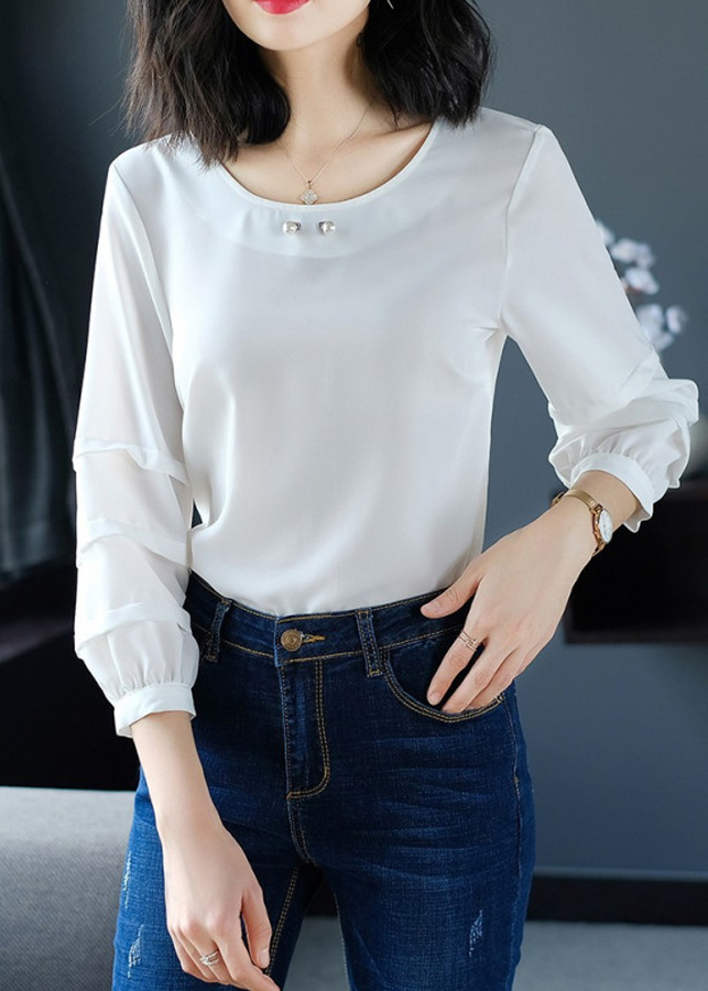 Áo Kiểu Nữ Tay Xếp Ly Kèm Phụ Kiện Ngọc Trai BY6318