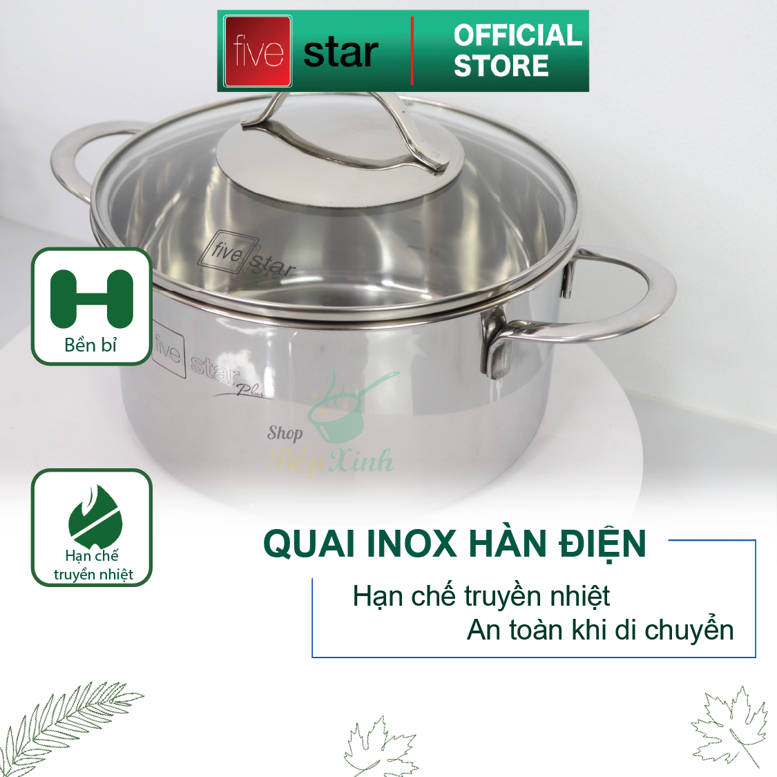 Bộ Nồi Inox 304  bếp từ 3 lớp đáy liền 4 món nắp kính Fivestar tặng 2 muỗng canh