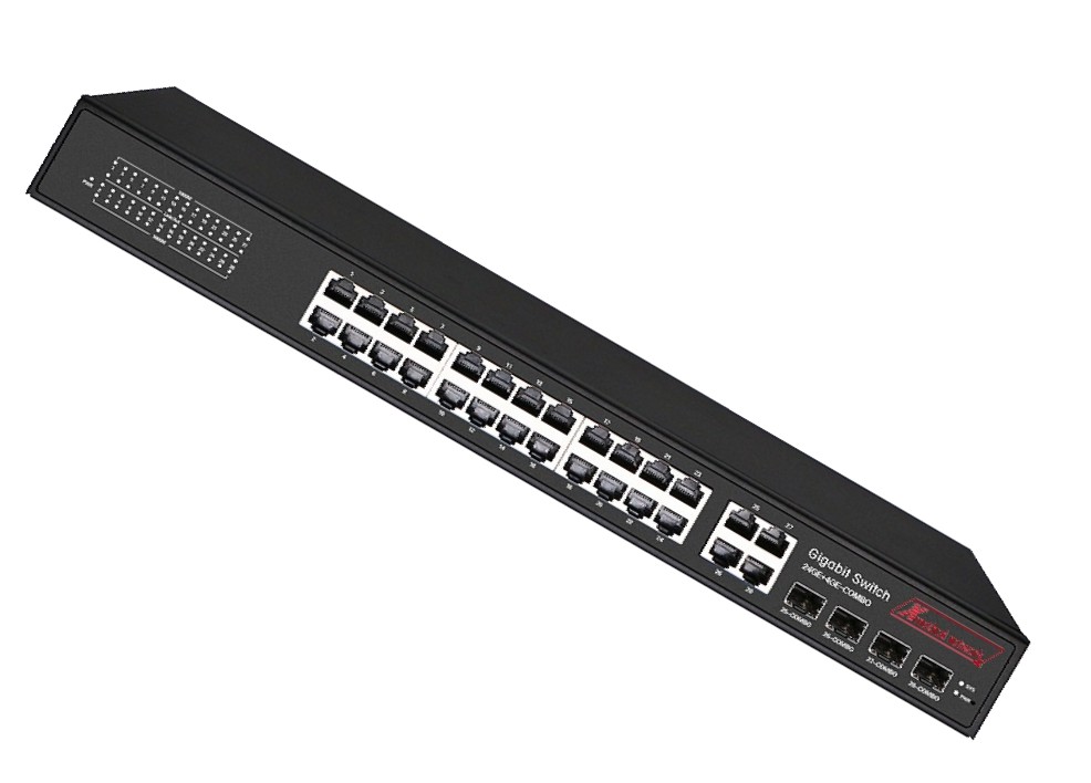 Bộ chuyển mạch 28-port unmanaged Gigabit Ethernet Switch, 24-port PoE, 4 Gigabit combo - Xmethod Network - Hàng chính hãng