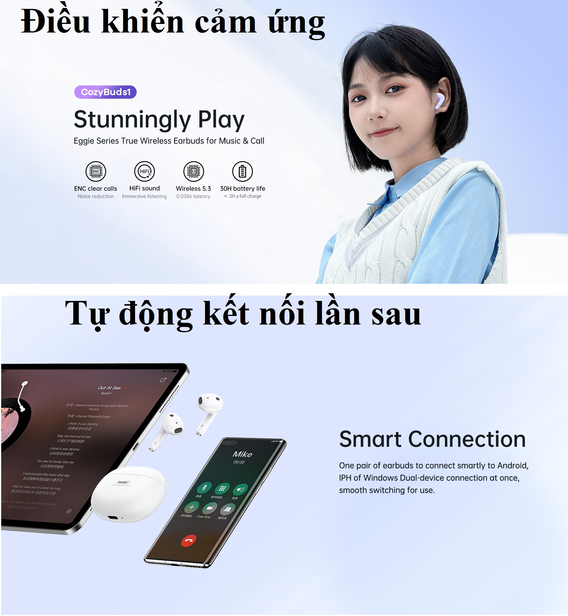 Tai nghe Bluetooth V5.3 khử tiếng ồn ENC Remax CozyBuds 1 _ Hàng chính hãng