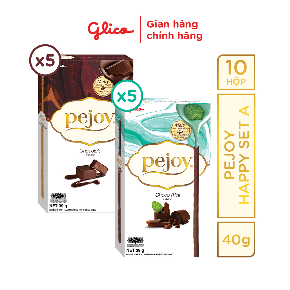 Bánh que nhân kem mix 2 vị socola &amp;amp; socola bạc hà GLICO Pejoy (Happy Set D 10 hộp - 5 chocolate 5 Choco Mint)