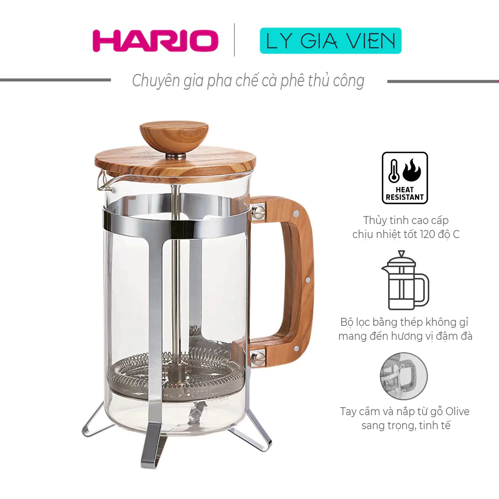 Bình Pha Cà Phê French Press Hario Cafe Press Olive Wood 600ml- Mã CPSW-4-OV