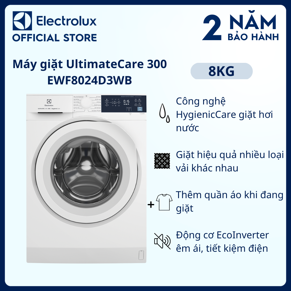 [Miễn phí giao hàng toàn quốc] [Miễn phí lắp đặt] Máy giặt cửa trước Electrolux 8kg UltimateCare 300 - EWF8024D3WB - Giặt hơi nước diệt 99.9% vi khuẩn hiệu quả trên nhiều loại vải khác nhau, tiết kiệm điện năng [Hàng Chính Hãng]