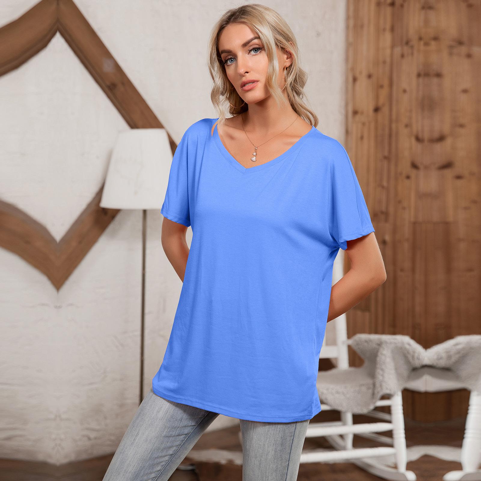 Women Loose T-shirt Short Sleeve V Neck Oversized Solid Casual Tees Plus Size