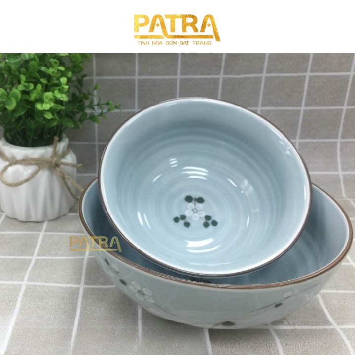 Bát tô sứ, tô canh sứ, tô sứ Bát Tràng cao cấp men lam ngọc vẽ hoa anh đào trắng