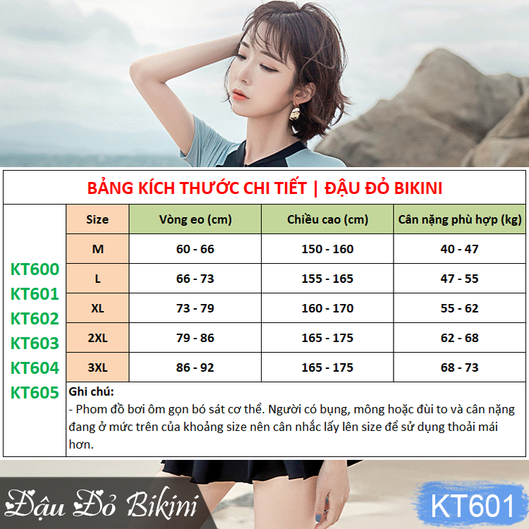 Đồ bơi nữ liền thân quần short áo cộc tay & dài tay, có kèm chân váy lẻ, áo sẵn đệm mút, dáng đùi trẻ trung khoẻ đẹp, giấu bụng tốt, có size to cho nữ đến 68kg   | KT601