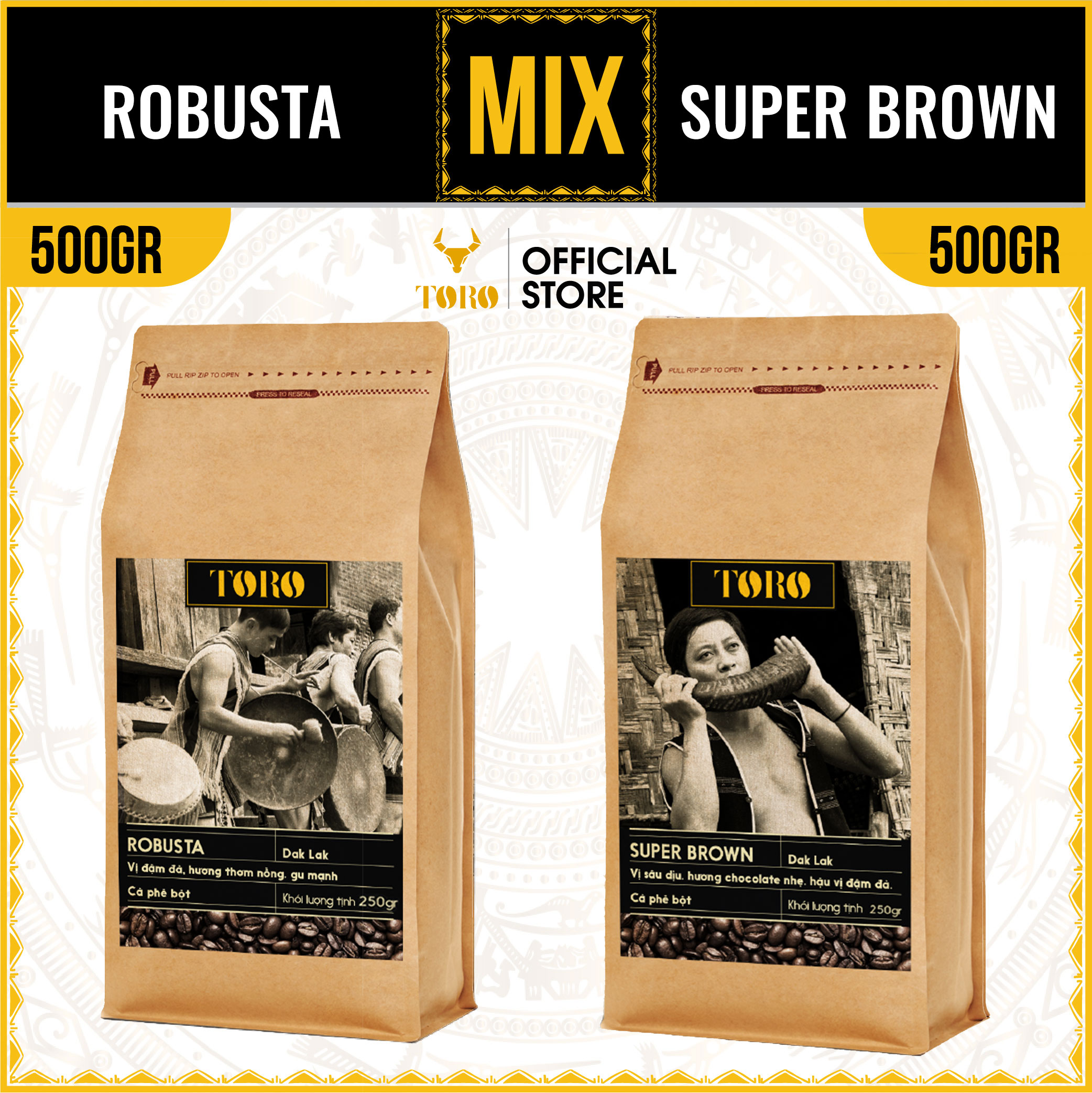 [1KG] Bộ Mix Cà Phê Bột Toro Robusta &amp; Toro Super Brown Nguyên Chất 100% | 500GR/Gói | TORO FARM