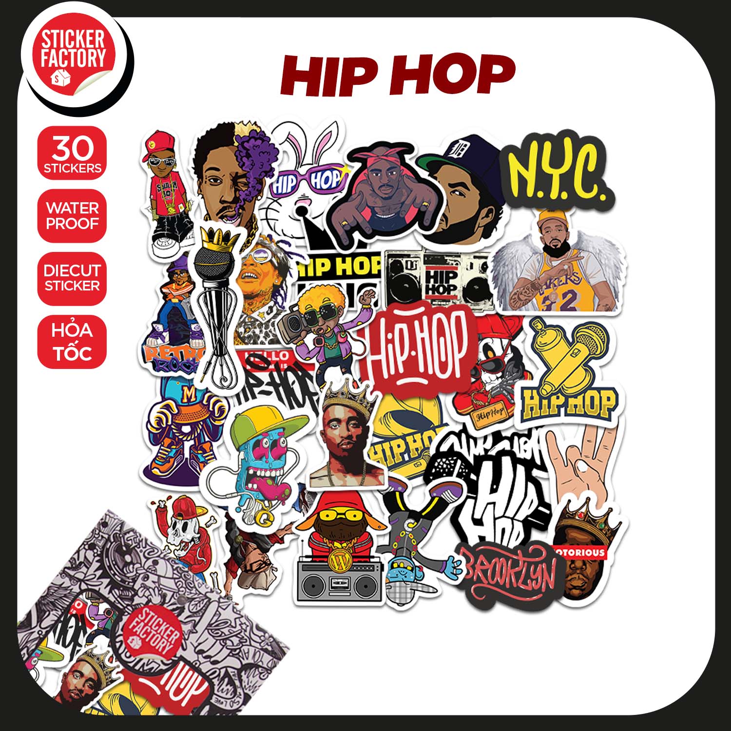 Hiphop - Set 30 sticker decal hình dán nón bảo hiểm, laptop, xe máy, ô tô - STICKER FACTORY