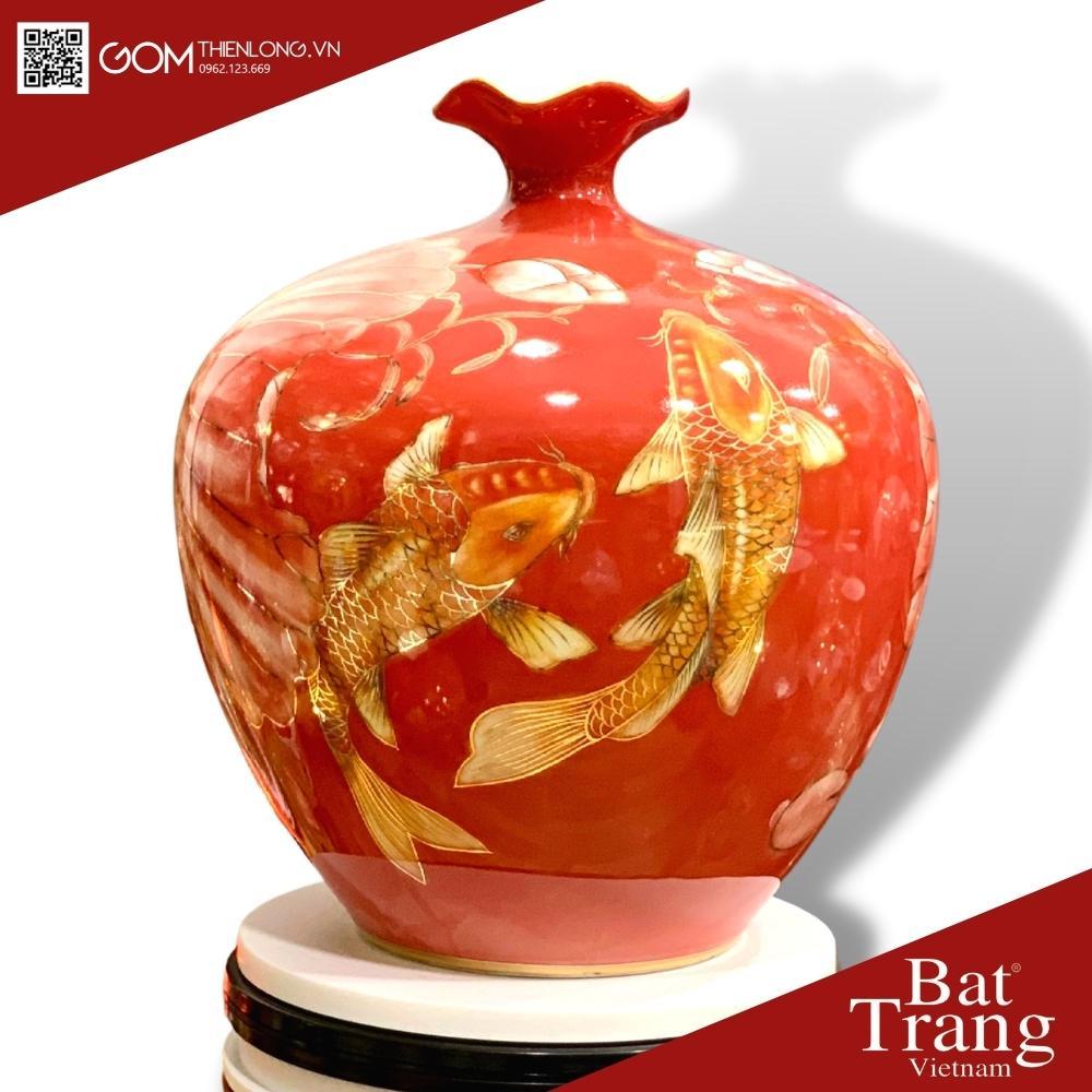Bình Hút Lộc Sen Cá 3D Nền Đỏ Vẽ Vàng - Hàng Kỹ Độc Bản - Bình Hút Tài Lộc Bát Tràng - Gốm Thiên Long