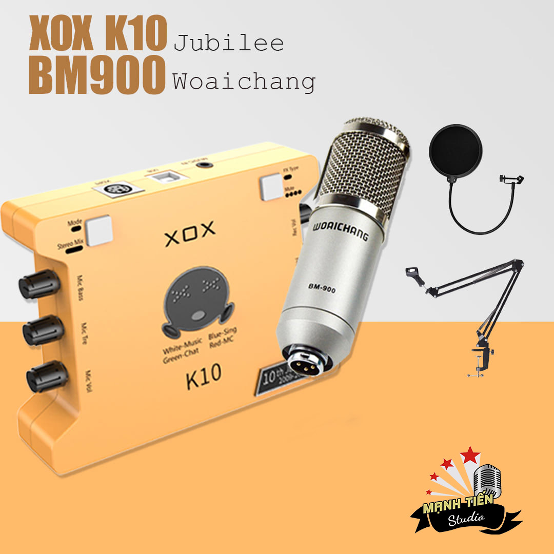 Bộ Combo livestream woaichang BM900 Sound card XOX K10 jubilee - Kèm full phụ kiện kẹp micro, màng lọc, tai nghe chụp tai - Thu âm, livestream, karaoke online chuyên nghiệp trên cả điện thoại lẫn máy tính - Hát cực hay, giá cực tốt - Hàng chính hãng
