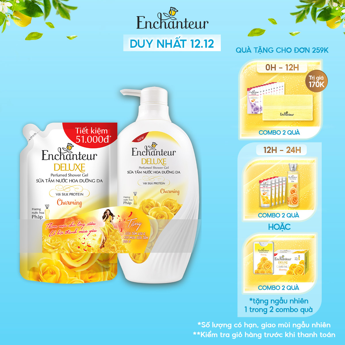 Sữa tắm nước hoa dưỡng da Enchanteur Charming 900gr - tặng túi sữa tắm 450gr SMP 2021