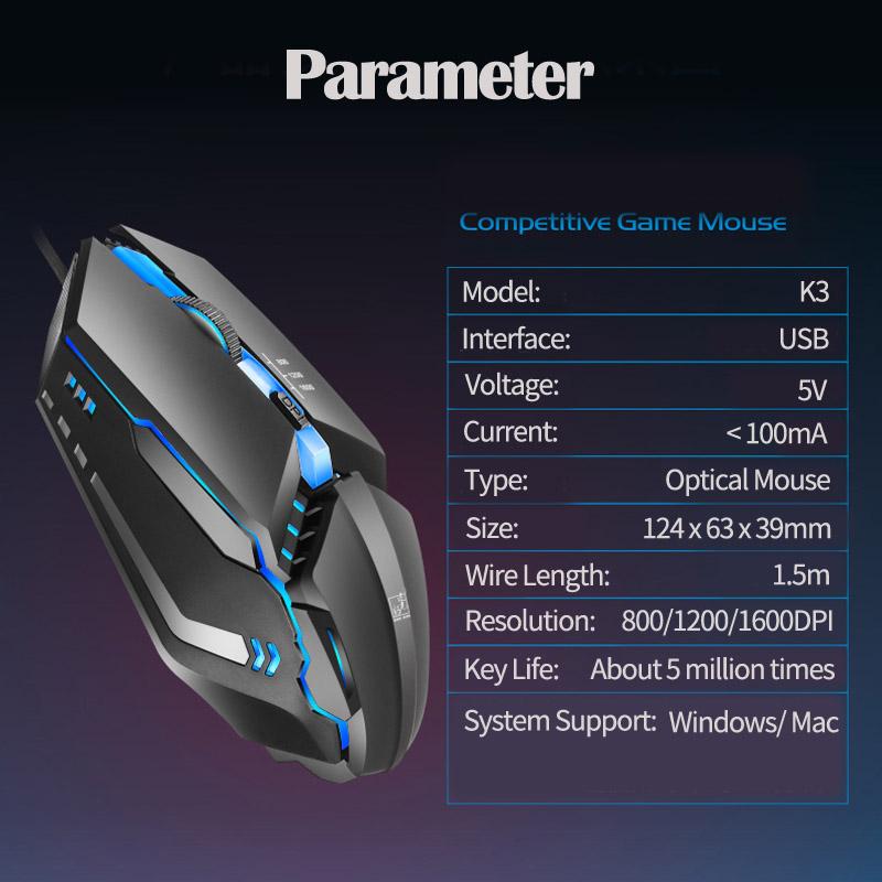 Nóng K3 USB Laptop Có Dây Chuột 1600 DPI Có Thể Điều Chỉnh Công Thái Quang Học Trò Chơi Máy Tính Chuột Đèn Nền LED Dành Cho Máy Tính Để Bàn PC Máy Tính Xách Tay