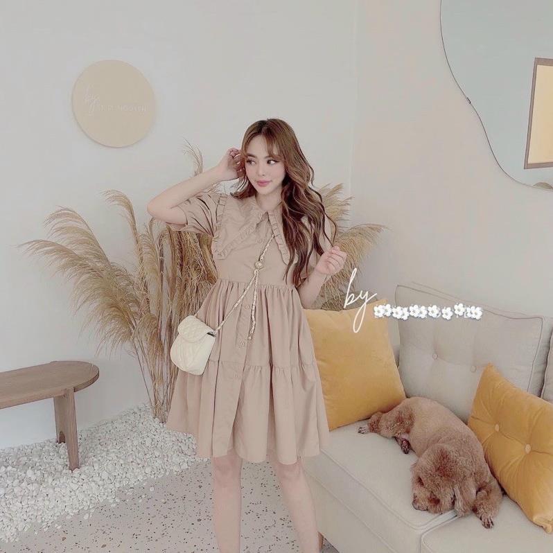 X2 Đầm ngắn dáng xòe cổ bẻ váy babydoll kem cổ bèo tầng (kèm hình thật