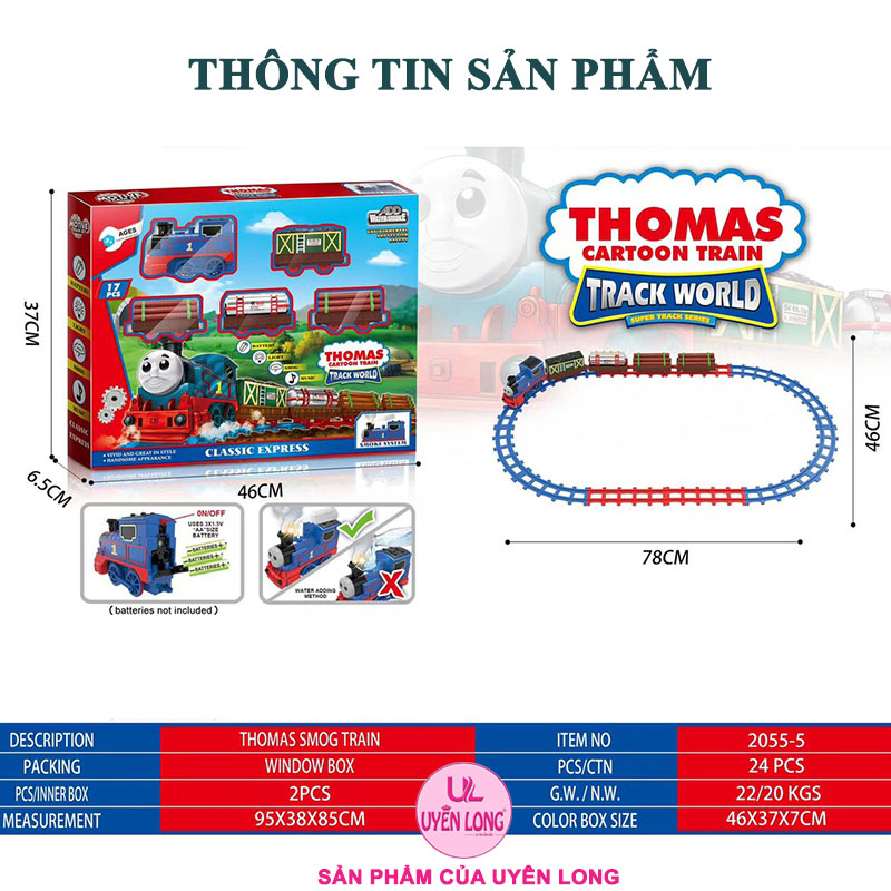 Đồ Chơi Tàu Hỏa Đường Ray Thomas 5 Toa 2055-5, Đèn Nhạc, Âm Thanh, Khói Mô Phỏng, Đường Ray To Dễ Lắp