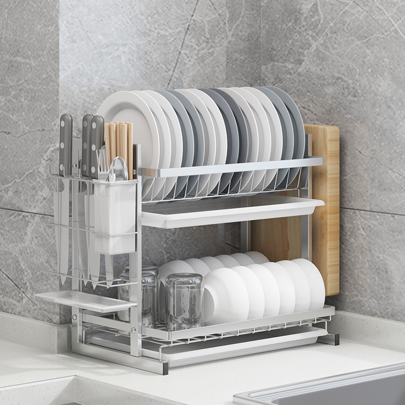Kệ chén đa năng 2 tầng inox 304 Hobby Home Decor KC2T kèm khay hứng nước, ống đũa, giá treo thớt không rỉ sét